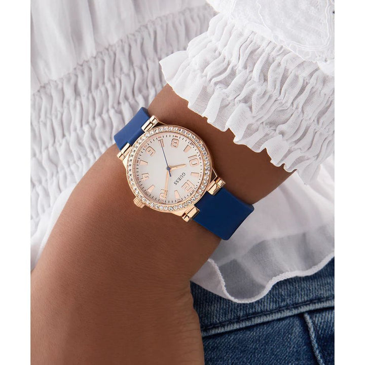 GUESS Ladies Blue Rose Gold Tone Analog Watch GW0844L3