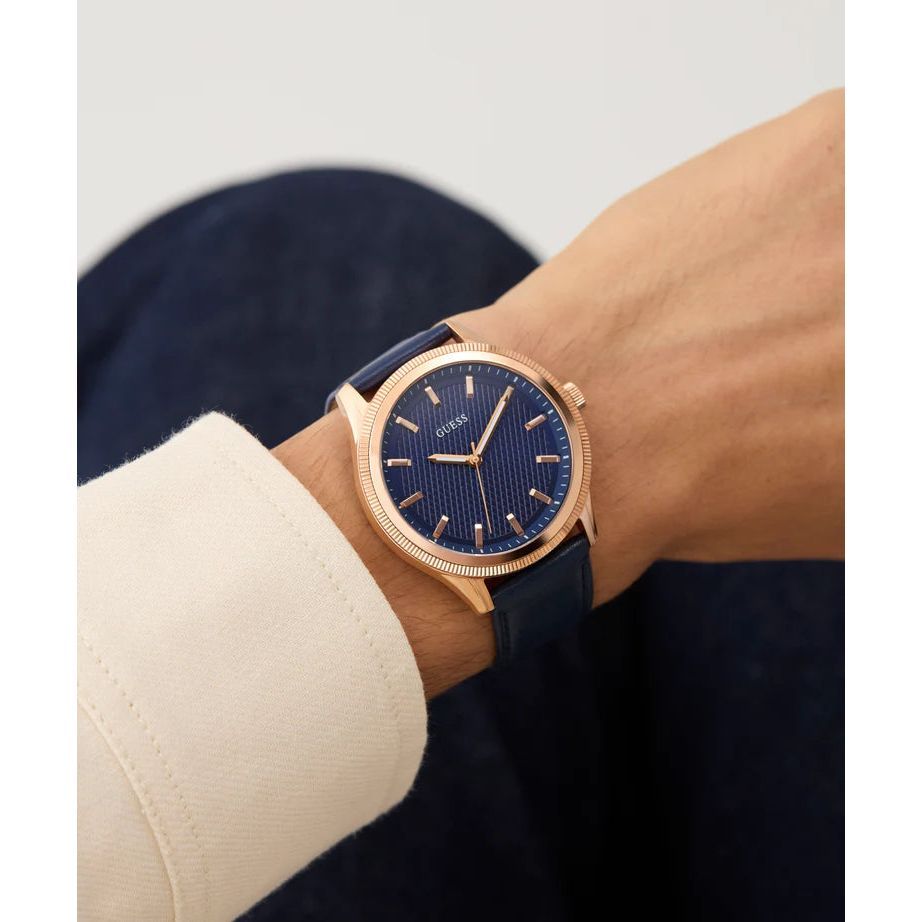 GUESS Mens Navy Rose Gold Tone Analog Watch GW0846G2