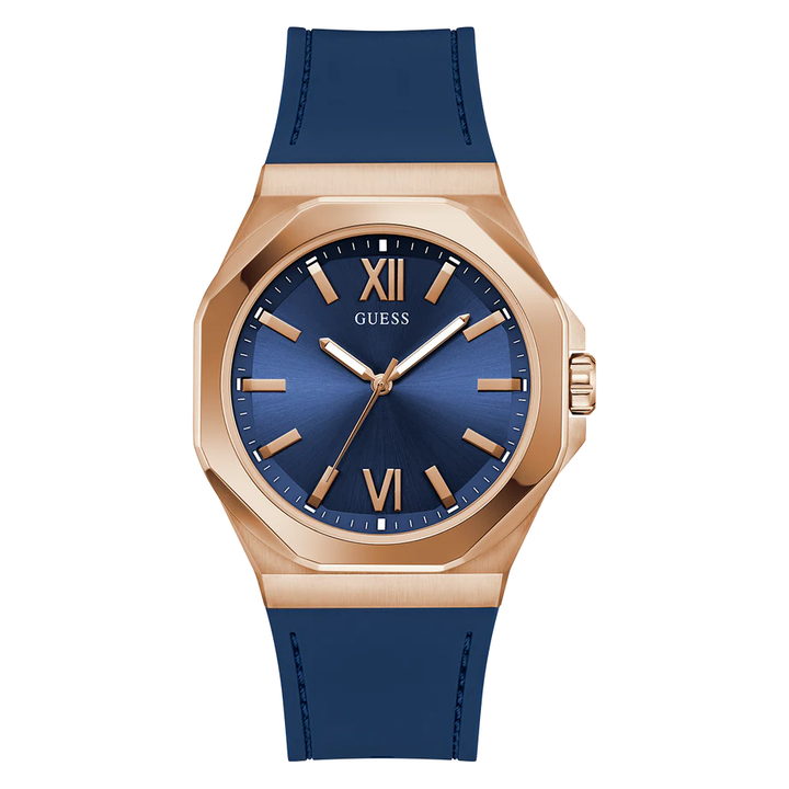 GUESS Mens Blue Rose Gold Tone Analog Watch GW0850G3