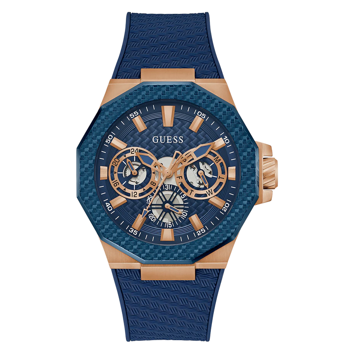 GUESS Mens Blue Rose Gold Tone Multi-function Watch GW0853G3
