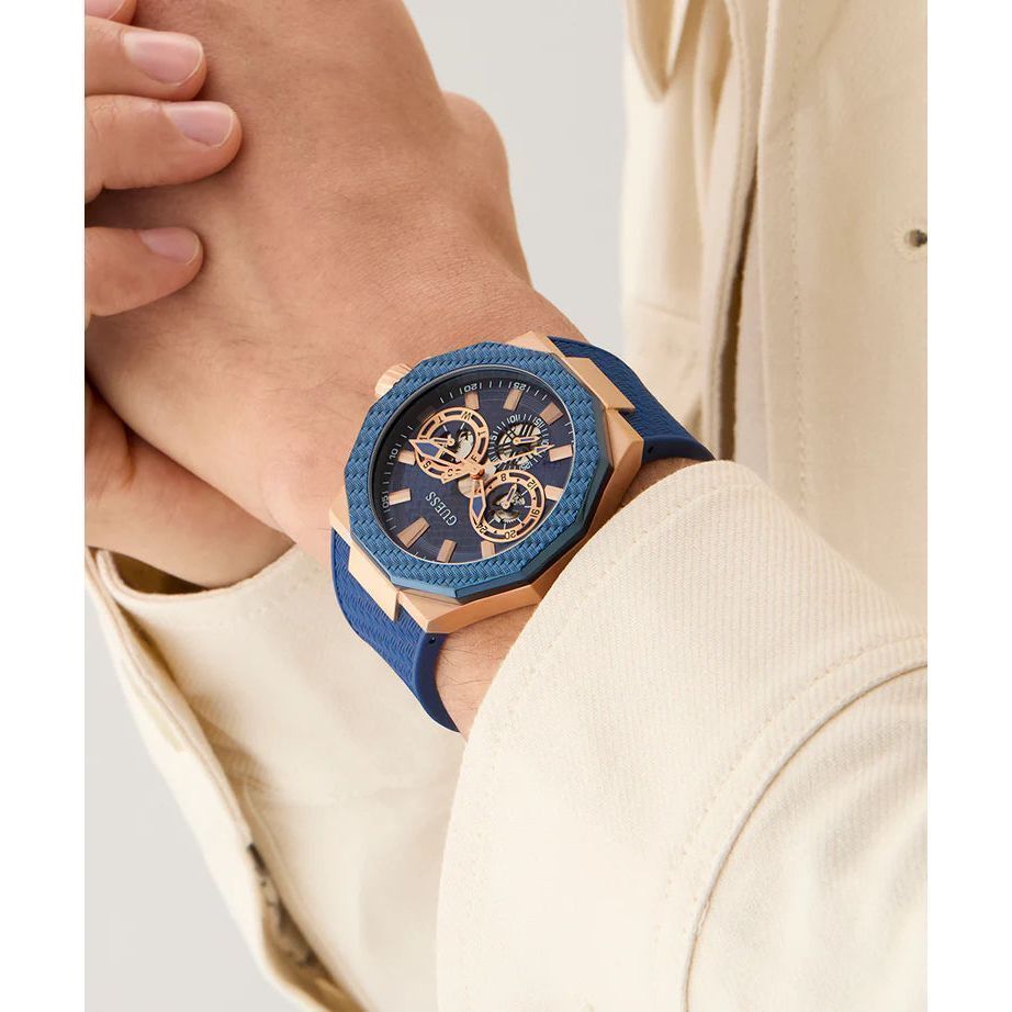 GUESS Mens Blue Rose Gold Tone Multi-function Watch GW0853G3