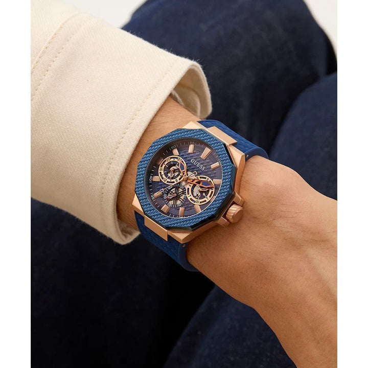 GUESS Mens Blue Rose Gold Tone Multi-function Watch GW0853G3