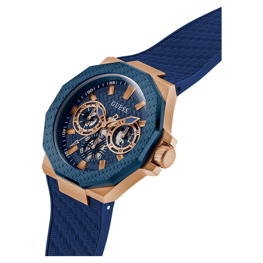 GUESS Mens Blue Rose Gold Tone Multi-function Watch GW0853G3