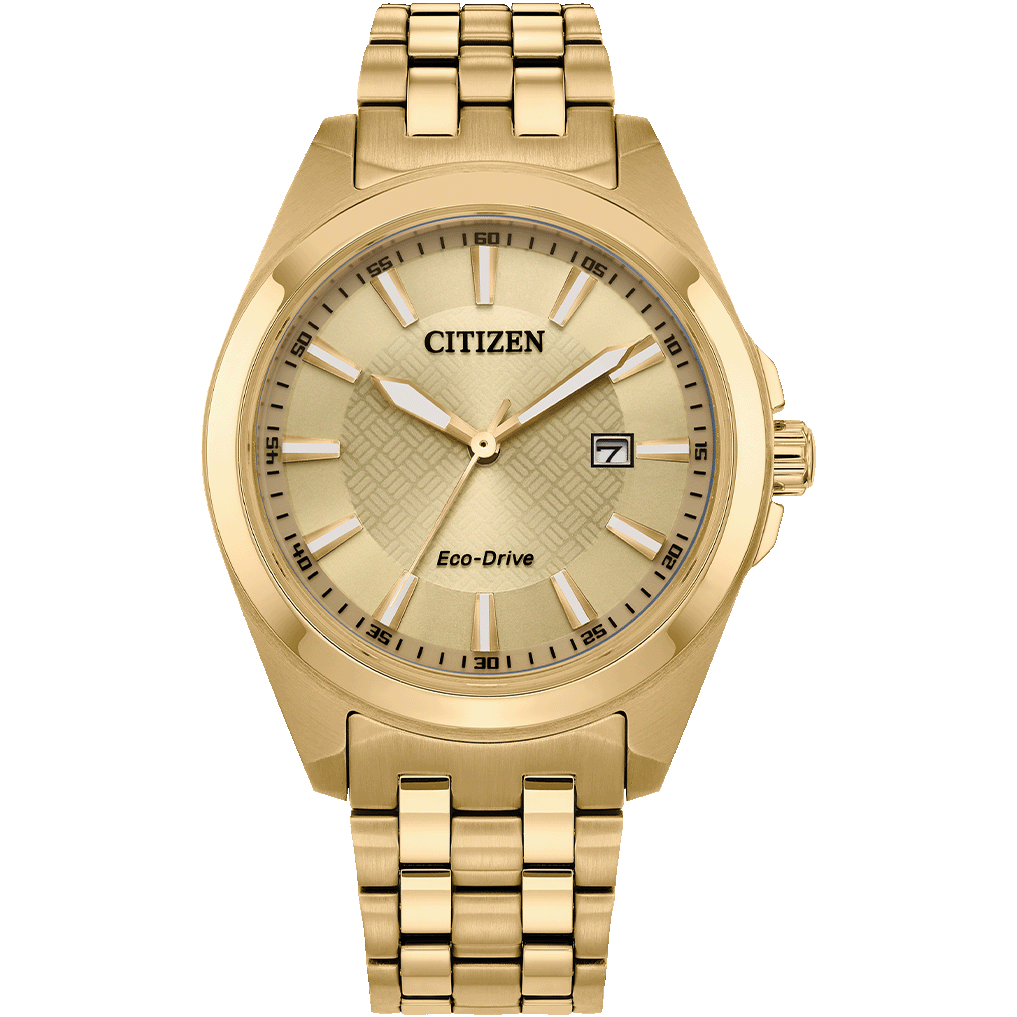 Elegant Gold-Tone Eco-Drive Watch with Champagne Dial