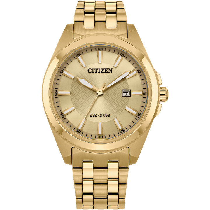 Elegant Gold-Tone Eco-Drive Watch with Champagne Dial