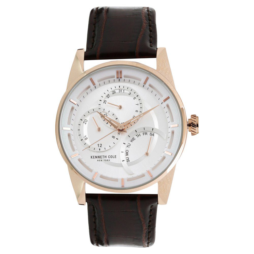 Kenneth Cole Quartz Multifunction Silver Dial Leather Strap Watch for Men-NCKC10020815MN