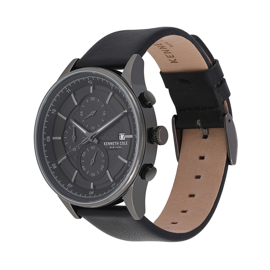 Kenneth Cole Quartz Chronograph Black Dial Leather Strap Watch for Men-NCKC15101002MN