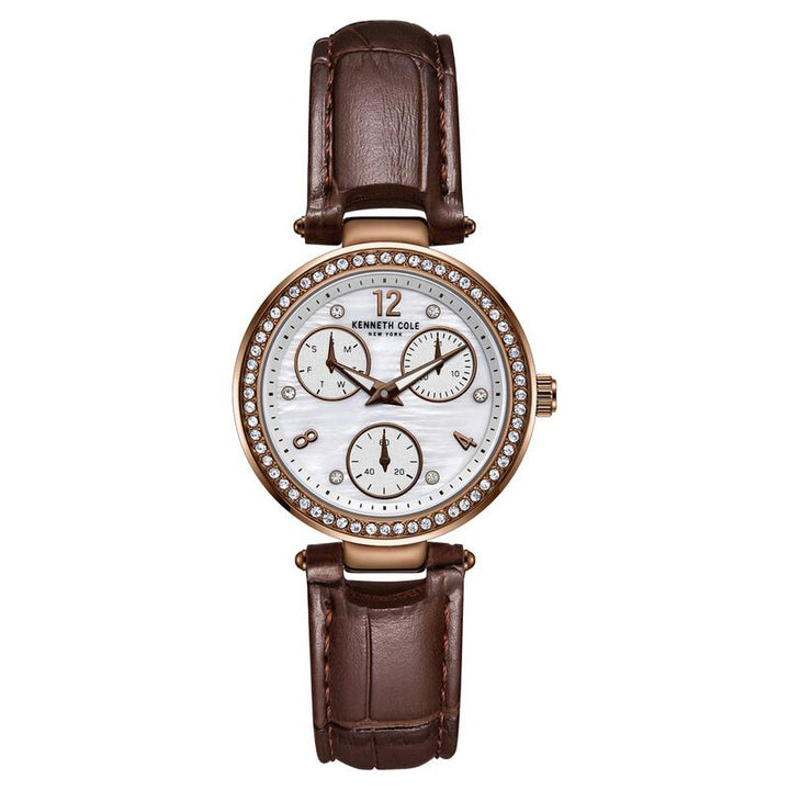 Kenneth Cole Quartz Multifunction Mother Of Pearl Dial Leather Strap Watch For Women