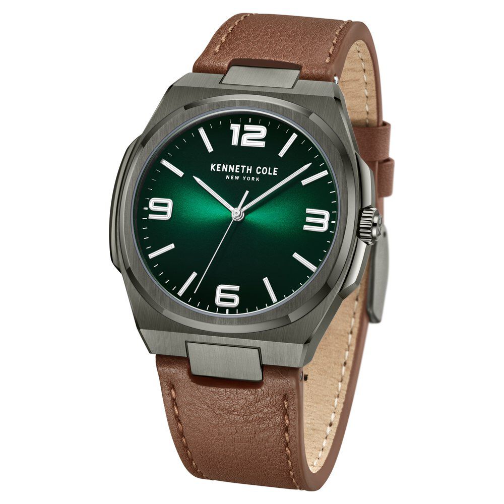 Kenneth Cole Quartz Analog Green Dial Brown Leather Strap Watch For Men