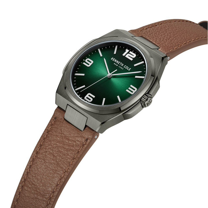 Kenneth Cole Quartz Analog Green Dial Brown Leather Strap Watch For Men