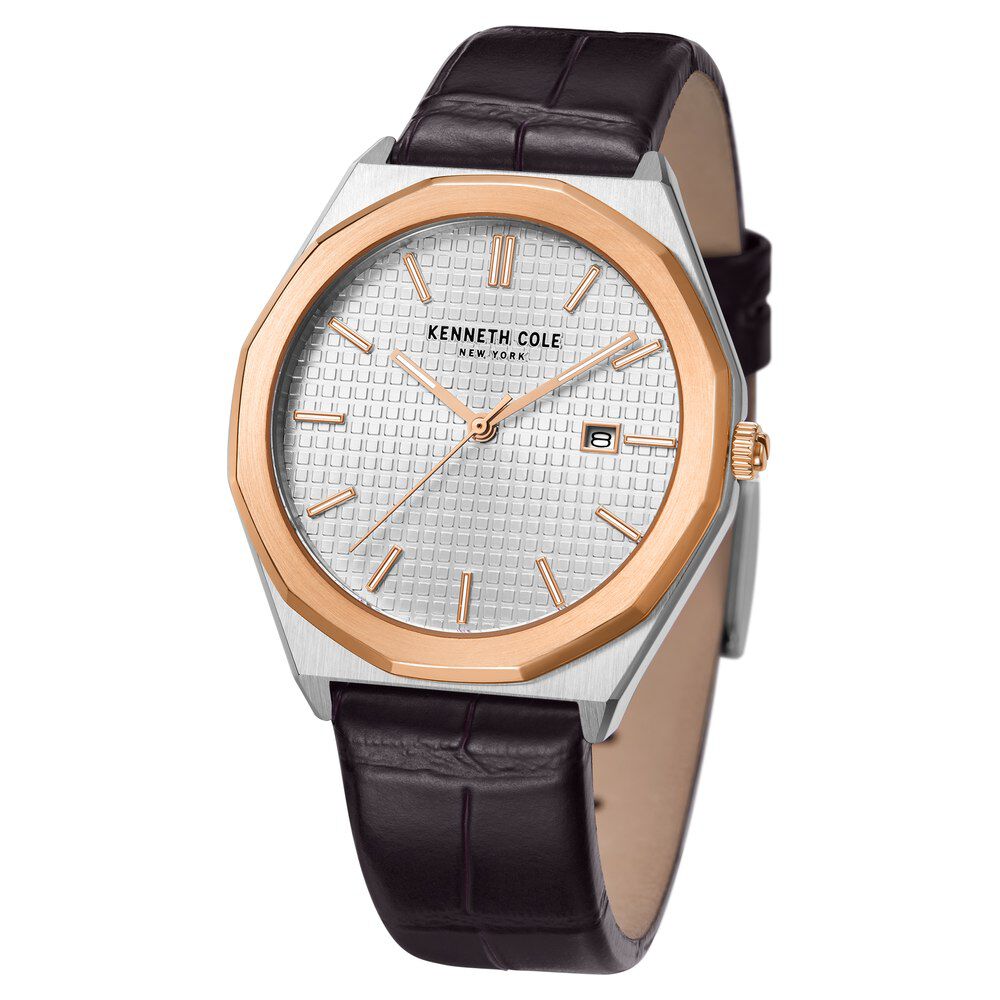 Kenneth Cole Silver Dial Quartz Analog with Date Leather Strap Watch for Men