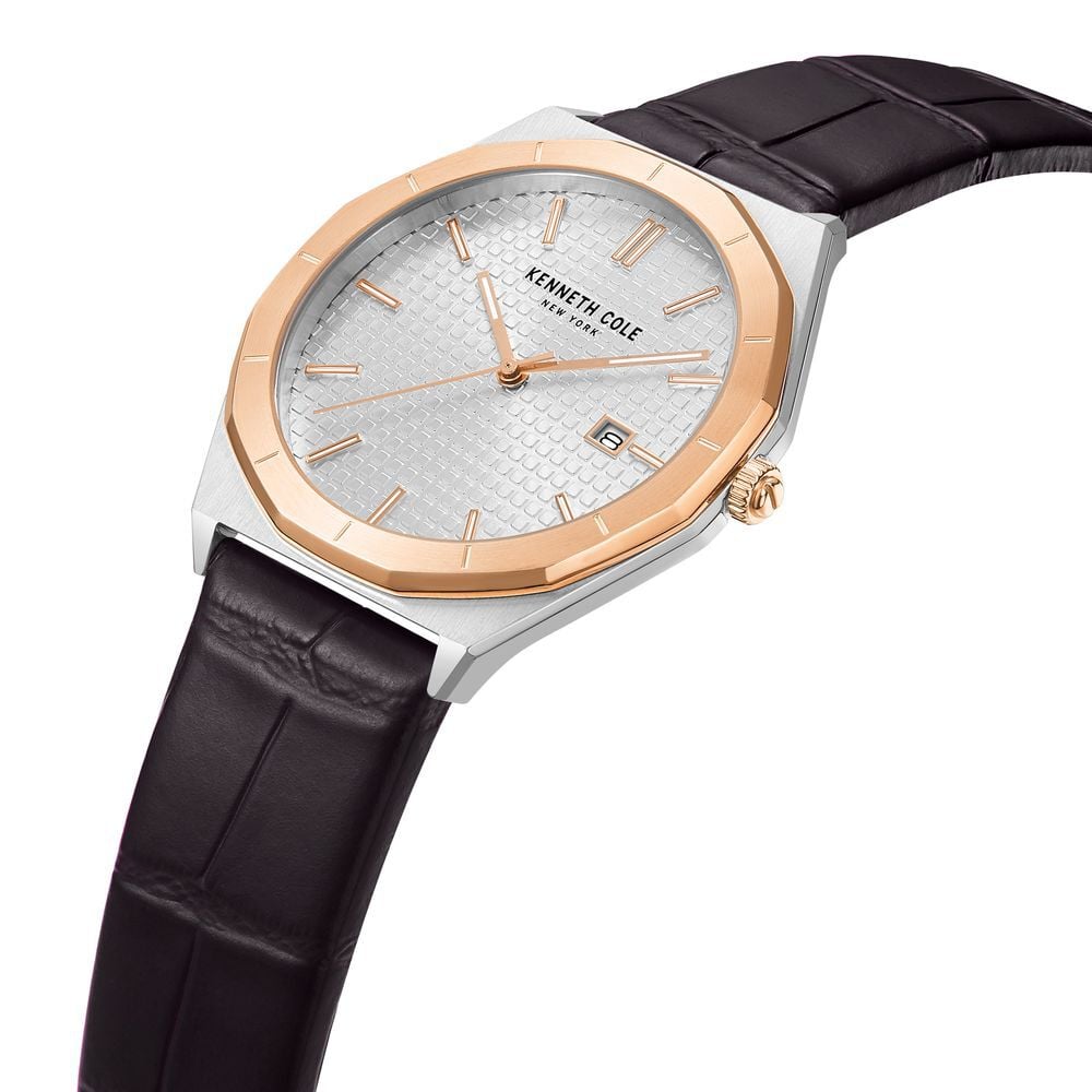 Kenneth Cole Silver Dial Quartz Analog with Date Leather Strap Watch for Men