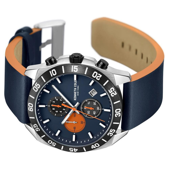 Kenneth Cole Quartz Chronograph Blue dial Leather Strap Watch for Men-NTKCWGC0016101MN