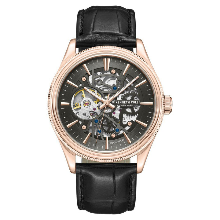 Kenneth Cole Mechanical Hand Wound Analog Mechanical Grey Dial With Black Leather Strap Watch For Men-NTKCWGE0048904MN