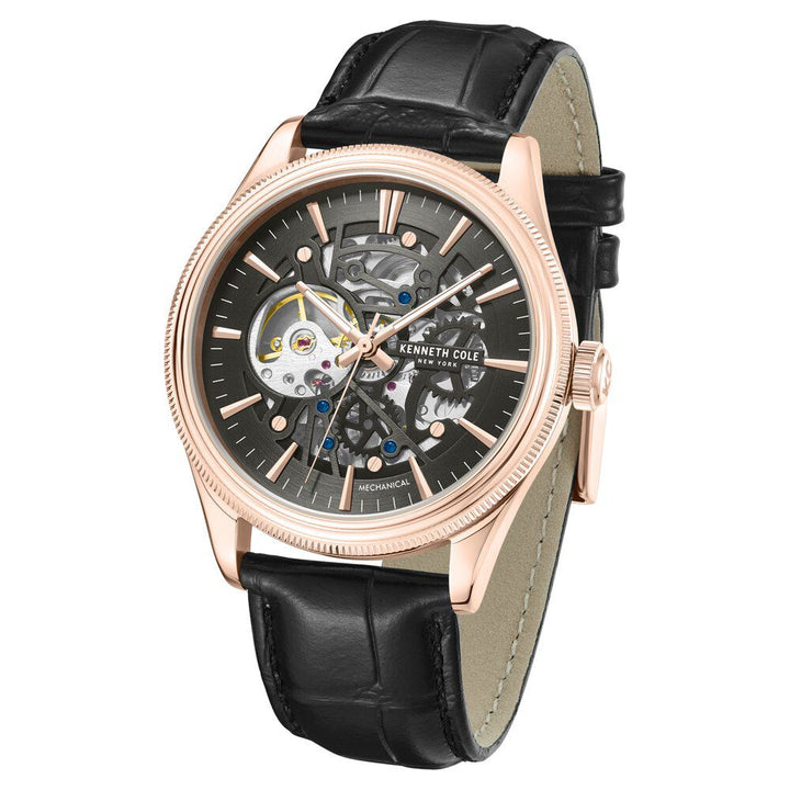 Kenneth Cole Mechanical Hand Wound Analog Mechanical Grey Dial With Black Leather Strap Watch For Men-NTKCWGE0048904MN