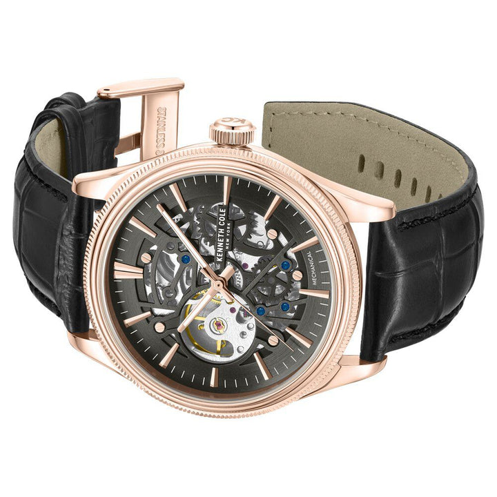 Kenneth Cole Mechanical Hand Wound Analog Mechanical Grey Dial With Black Leather Strap Watch For Men-NTKCWGE0048904MN