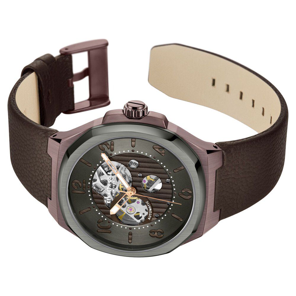 Kenneth Cole Automatic Grey Dial Brown Leather Strap Watch For Men-NTKCWGE2233103MN