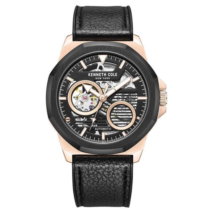 Kenneth Cole Automatic Black Dial Leather Strap Watch For Men