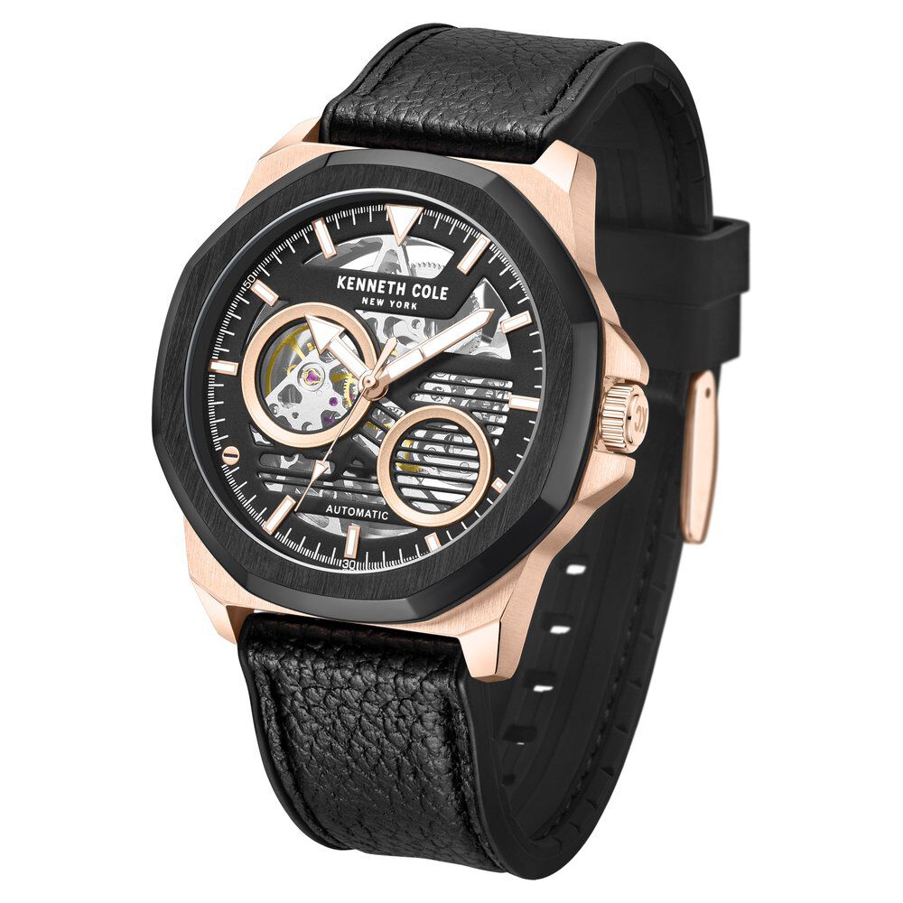 Kenneth Cole Automatic Black dial Leather Strap Watch for Men KCWGR0013603MN