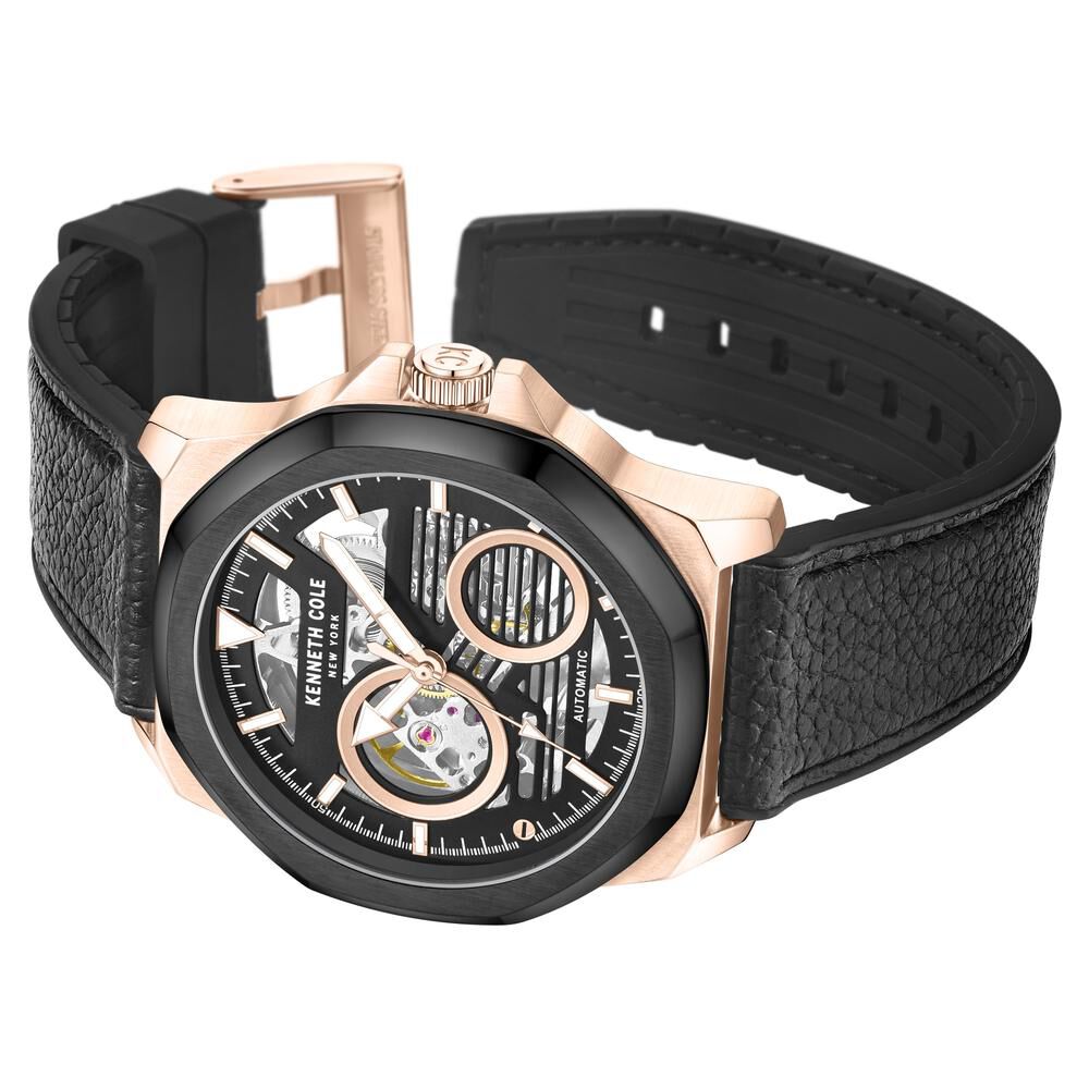 Kenneth Cole Automatic Black Dial Leather Strap Watch For Men