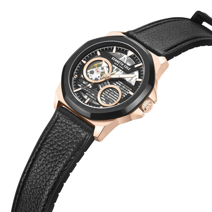 Kenneth Cole Automatic Black Dial Leather Strap Watch For Men