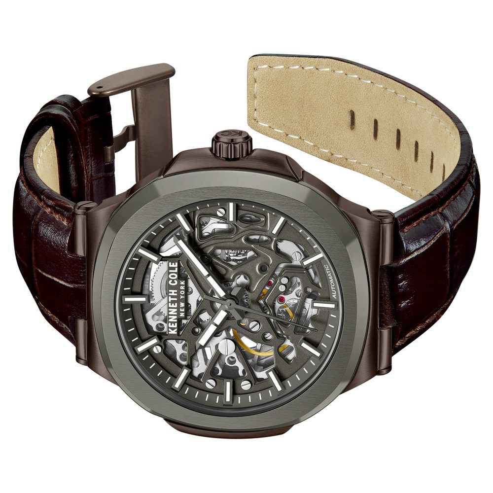 Kenneth Cole Automatic Grey Dial With Brown Leather Strap Watch For Men-NTKCWGX0046203MN