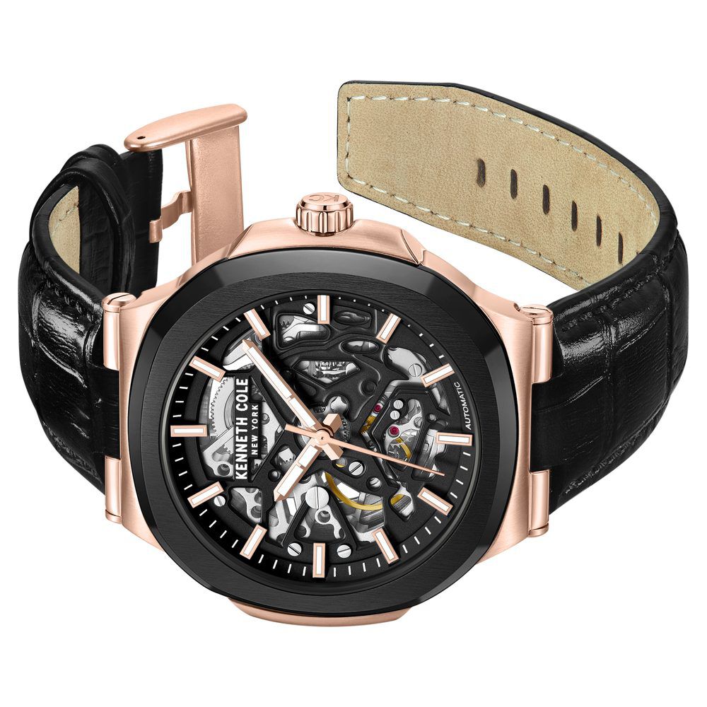 Kenneth Cole Automatic Black Dial With Black Leather Strap Watch For Men-NTKCWGX0046204MN