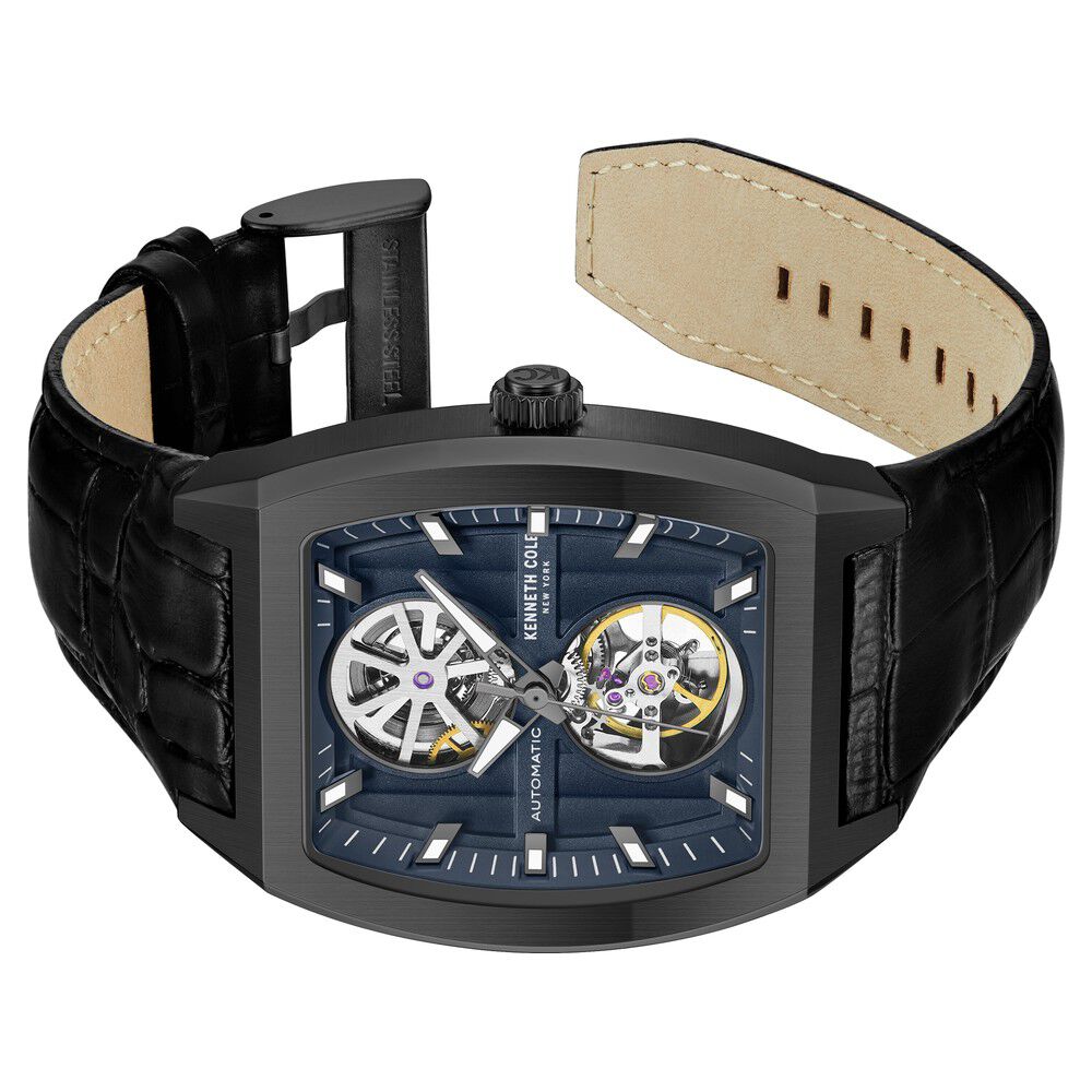 Kenneth Cole Automatic Black Leather Strap Watch For Men-NTKCWGX0058802MN