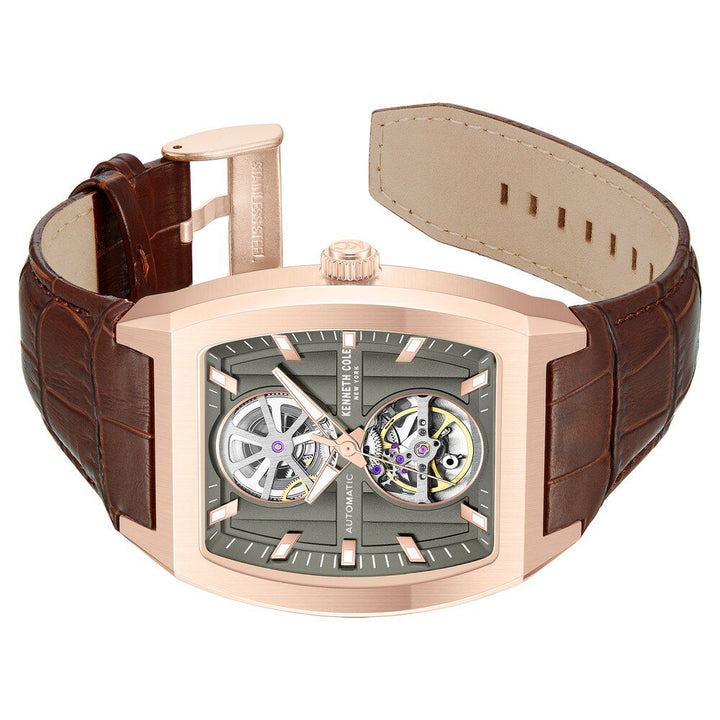 Kenneth Cole Automatic Brown Leather Strap Watch For Men-NTKCWGX0058803MN