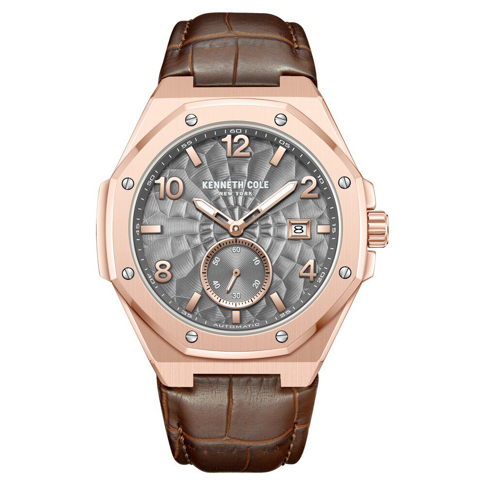 Kenneth Cole Automatic Brown Leather Strap Watch For Men-NTKCWGX0059002MN