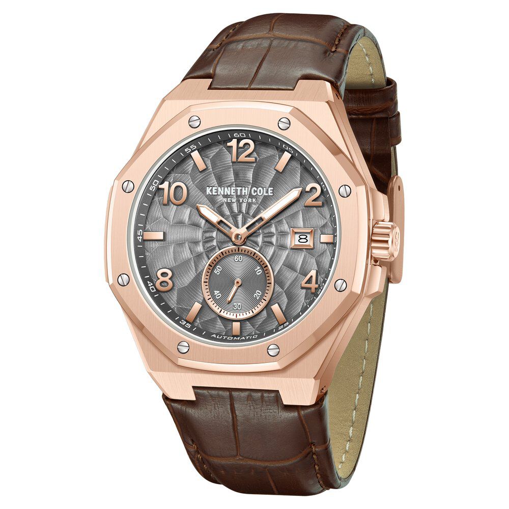 Kenneth Cole Automatic Brown Leather Strap Watch For Men-NTKCWGX0059002MN