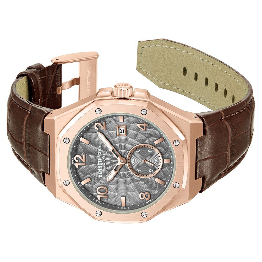 Kenneth Cole Automatic Brown Leather Strap Watch For Men-NTKCWGX0059002MN