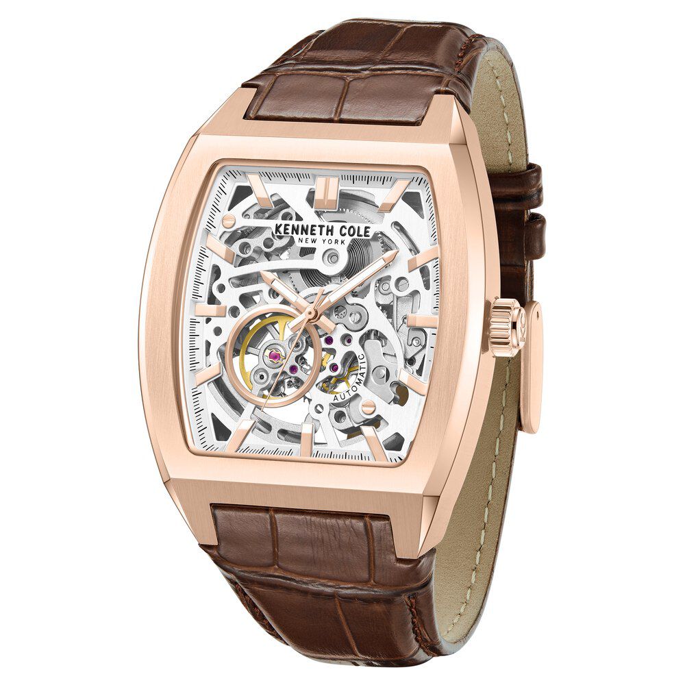 Kenneth Cole Automatic White Dial Leather Strap Watch For Men-NTKCWGX0063802MN