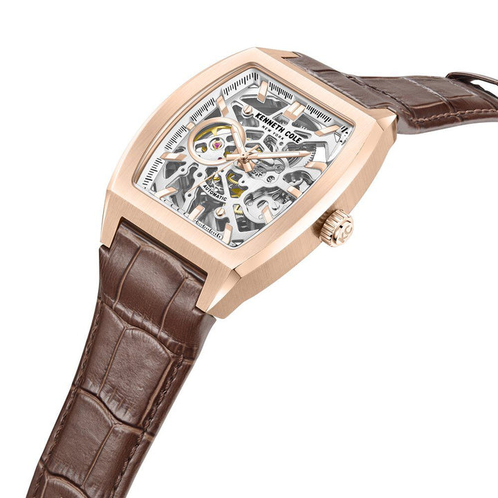 Kenneth Cole Automatic White Dial Leather Strap Watch For Men-NTKCWGX0063802MN