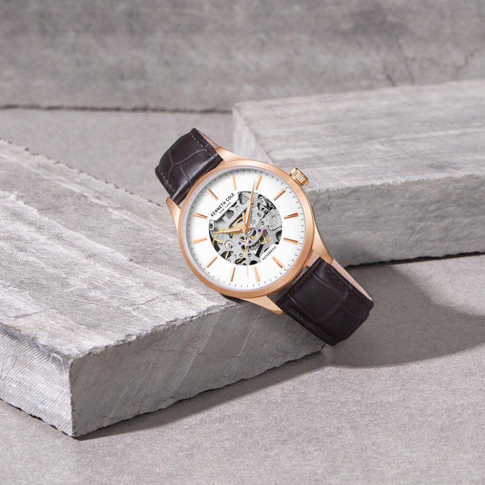 Kenneth Cole Automatic White Dial Leather Strap Watch For Men-NTKCWGX2216901MN