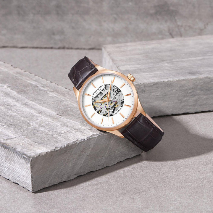 Kenneth Cole Automatic White Dial Leather Strap Watch For Men-NTKCWGX2216901MN