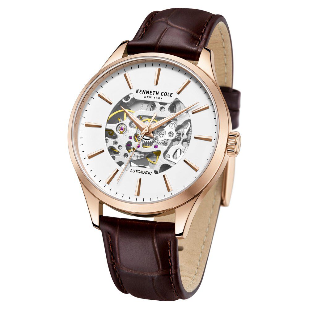Kenneth Cole Automatic White Dial Leather Strap Watch For Men-NTKCWGX2216901MN
