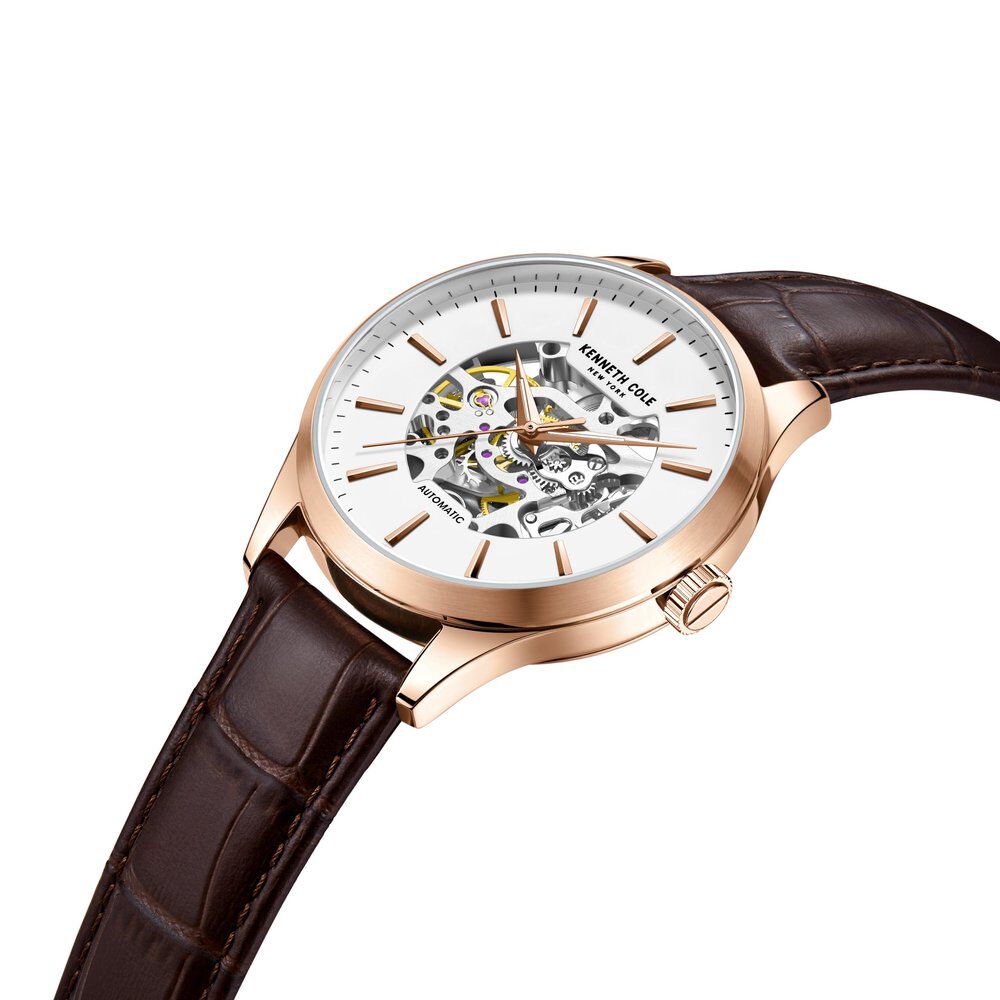 Kenneth Cole Automatic White Dial Leather Strap Watch For Men-NTKCWGX2216901MN