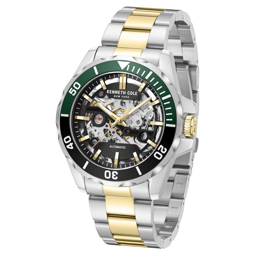 Kenneth Cole Automatic Black Dial With Two Toned Stainless Steel Strap Watch For Men-NTKCWGY0046004MN