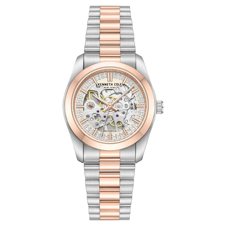 Kenneth Cole Mechanical Hand Wound Analog Mechanical Rose Gold Dial With Two Toned Stainless Steel Strap Watch For Women KCWLL0047603LD