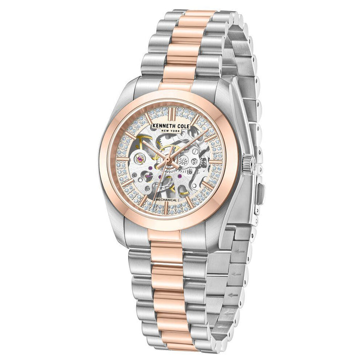 Kenneth Cole Mechanical Hand Wound Analog Mechanical Rose Gold Dial With Two Toned Stainless Steel Strap Watch For Women KCWLL0047603LD
