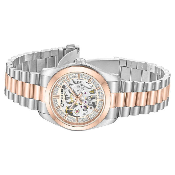 Kenneth Cole Mechanical Hand Wound Analog Mechanical Rose Gold Dial With Two Toned Stainless Steel Strap Watch For Women KCWLL0047603LD