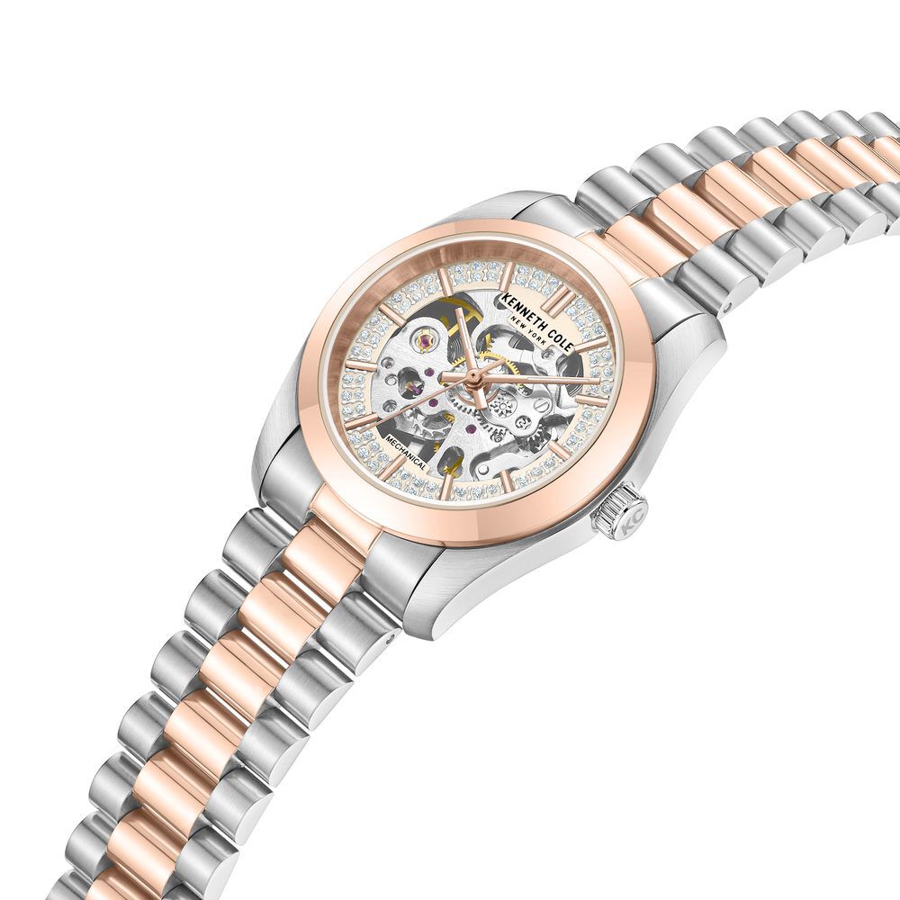 Kenneth Cole Mechanical Hand Wound Analog Mechanical Rose Gold Dial With Two Toned Stainless Steel Strap Watch For Women KCWLL0047603LD
