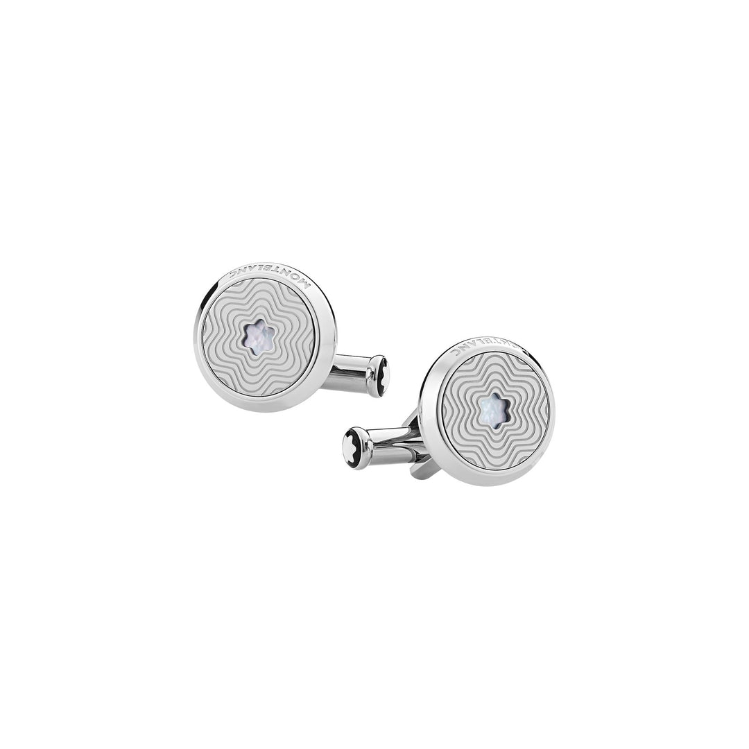 Montblanc Cufflinks, round in stainless steel with exploding star pattern and mother-of-pearl snowcap emblem MB123808