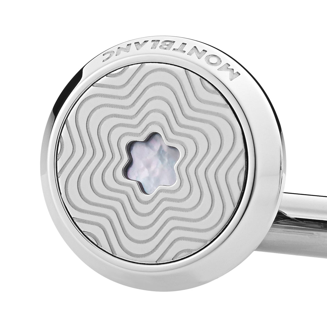 Montblanc Cufflinks, round in stainless steel with exploding star pattern and mother-of-pearl snowcap emblem MB123808