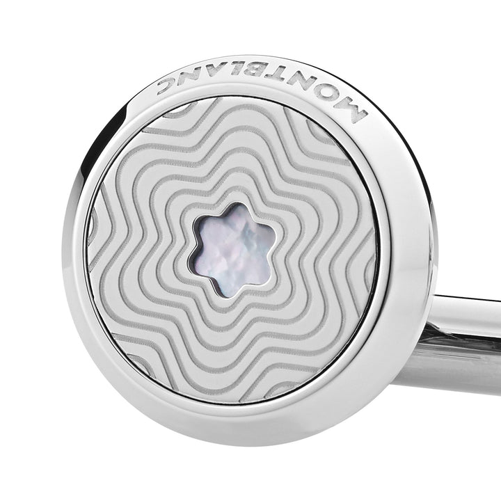 Montblanc Cufflinks, round in stainless steel with exploding star pattern and mother-of-pearl snowcap emblem MB123808
