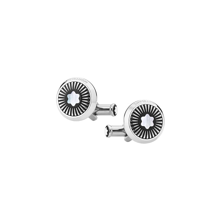 Montblanc Cufflinks, round in stainless steel with ray pattern and mother-of-pearl snowcap emblem MB123809