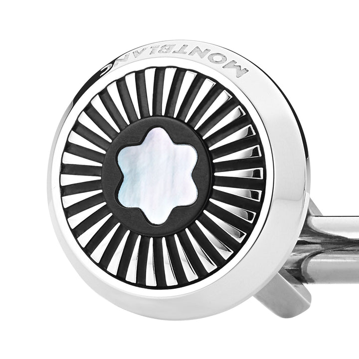 Montblanc Cufflinks, round in stainless steel with ray pattern and mother-of-pearl snowcap emblem MB123809