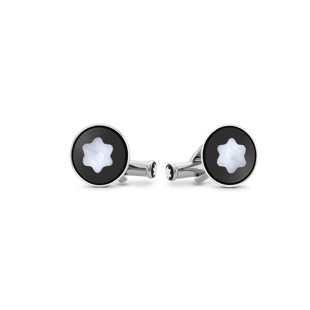 Montblanc Cufflinks, round in stainless steel with black PVD inlay and mother-of-pearl snowcap emblem MB123810