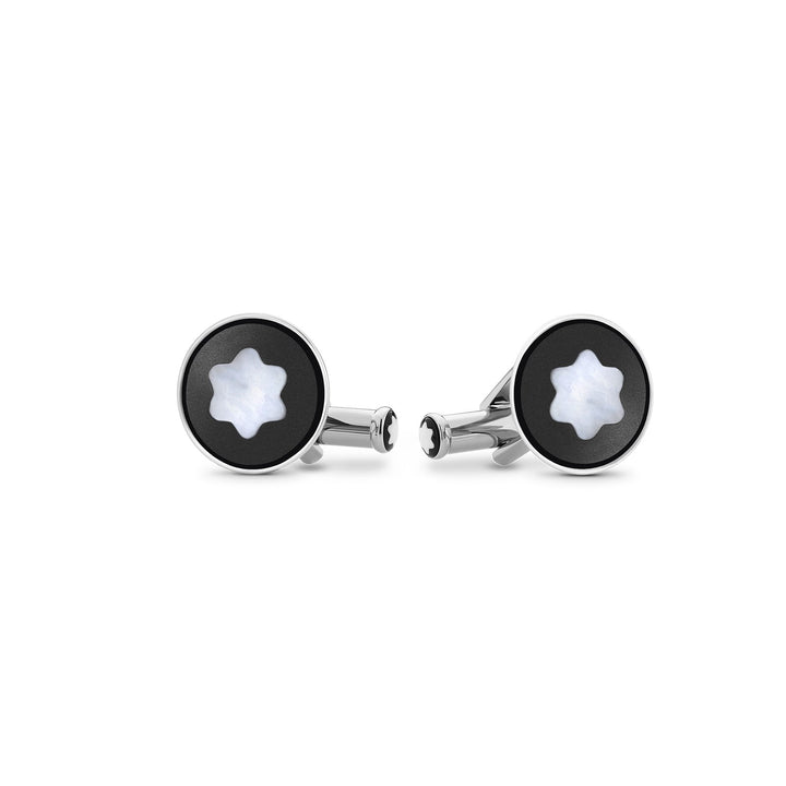 Montblanc Cufflinks, round in stainless steel with black PVD inlay and mother-of-pearl snowcap emblem MB123810